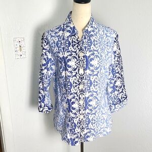 Westbound Shades of Blue & White Patterned Buttondown Top, Size 14